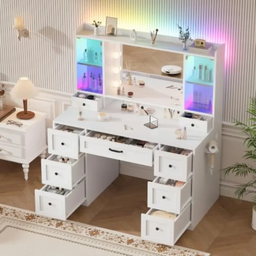 White makeup vanity desk for bedroom use, MDF material, white color, 9 drawers + 2 RGB cabinets + charging station + 10 LED bul
