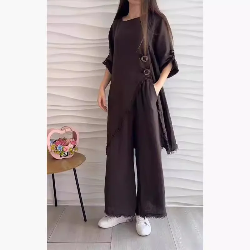 

Vintage Loungewear Women Round Neck Side Slit Long Top Long Pants Outfit Set Summer Solid Half Sleeve Irregular Pajama Suits