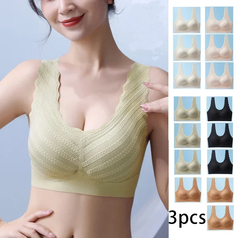 3pcs Ice Silk Breathable Bra One-Piece Underwear No Steel Ring Comfortable Large Size Sleep Bra Vest Bralette