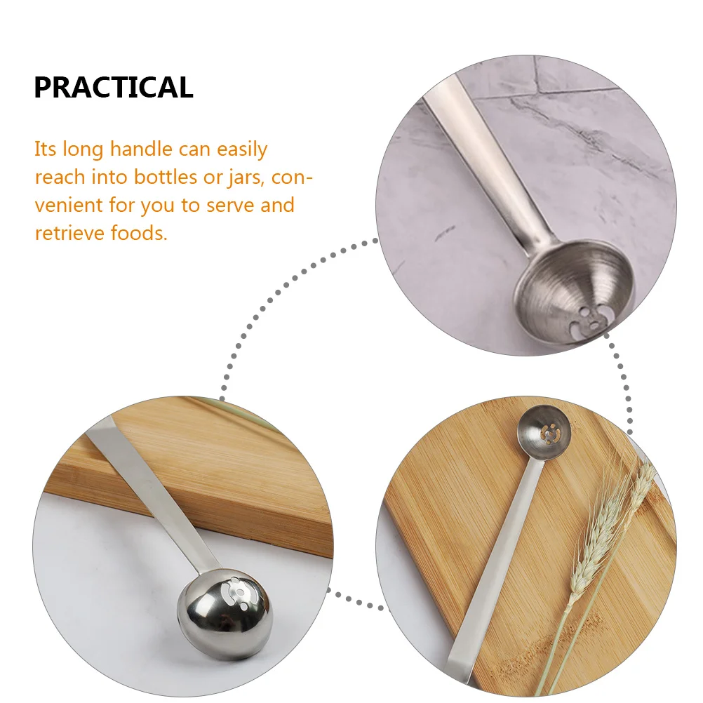 

2pcs Stainless Steel Olive Spoon Drain Holes Jar Serving Tool Cherries Long Handle Strainer Spoon Bottles Cafes