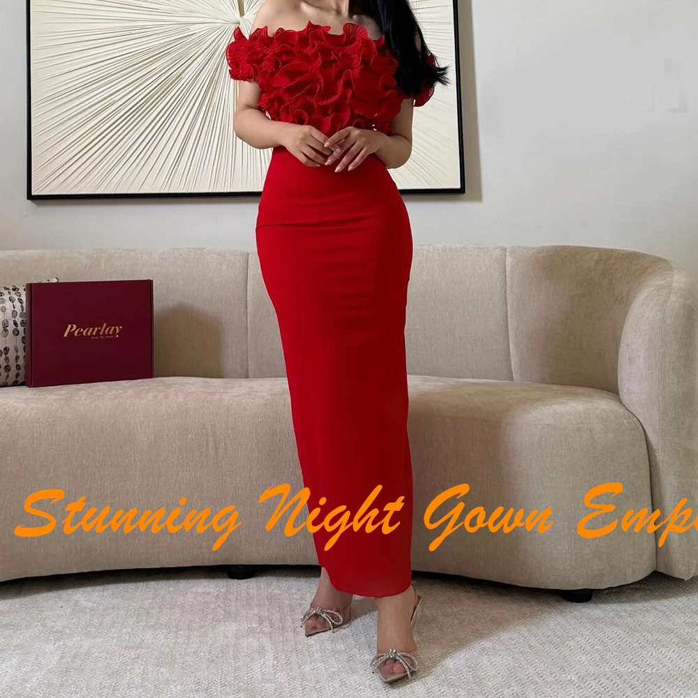 Modern Side Slit Ankle Length Ruffles Pleats Evening Dresses Temperament Straight Off the Shoulder Short Sleeves Party Gowns
