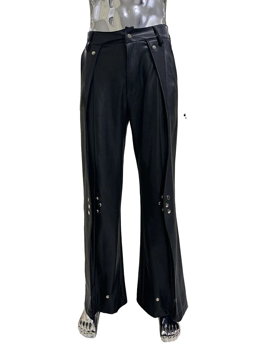 

Весенне-осенние длинные мягкие черные брюки из искусственной кожи, мужские брюки с высокой талией и заклепками, конструкция структуризма, эмо-одежда, уличная одежда в стиле панк 2025 кожаные штаны мужские