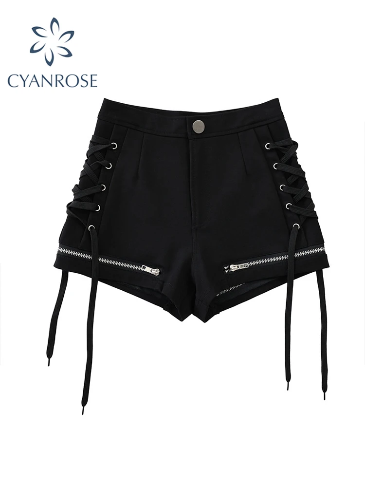 Vrouwen Vintage Zwarte Mini Shorts Emo Jaren 2000 Lace-up Hoge Taille Baggy Brede Denim Shorts Koreaanse Punk Jean Shorts Gothic Kleding 2023