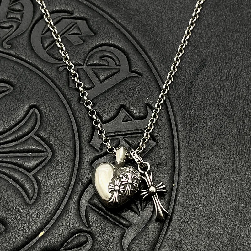 

S925 sterling silver trendy retro small cross peach heart double pendant necklace premium autumn and winter