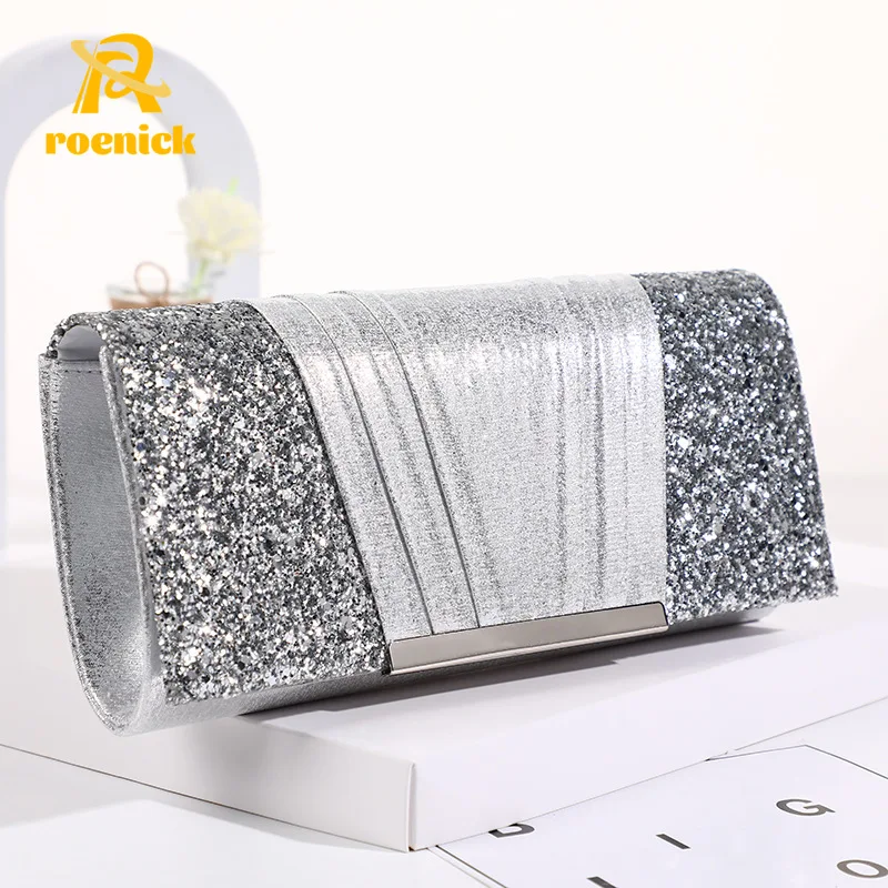 ROENICK Women's Silver Shiny Luxury Evening Bags Shiny Banquet Cocktail Dress Gown Banquet Handbags Cosmetic Phone Day Clutch