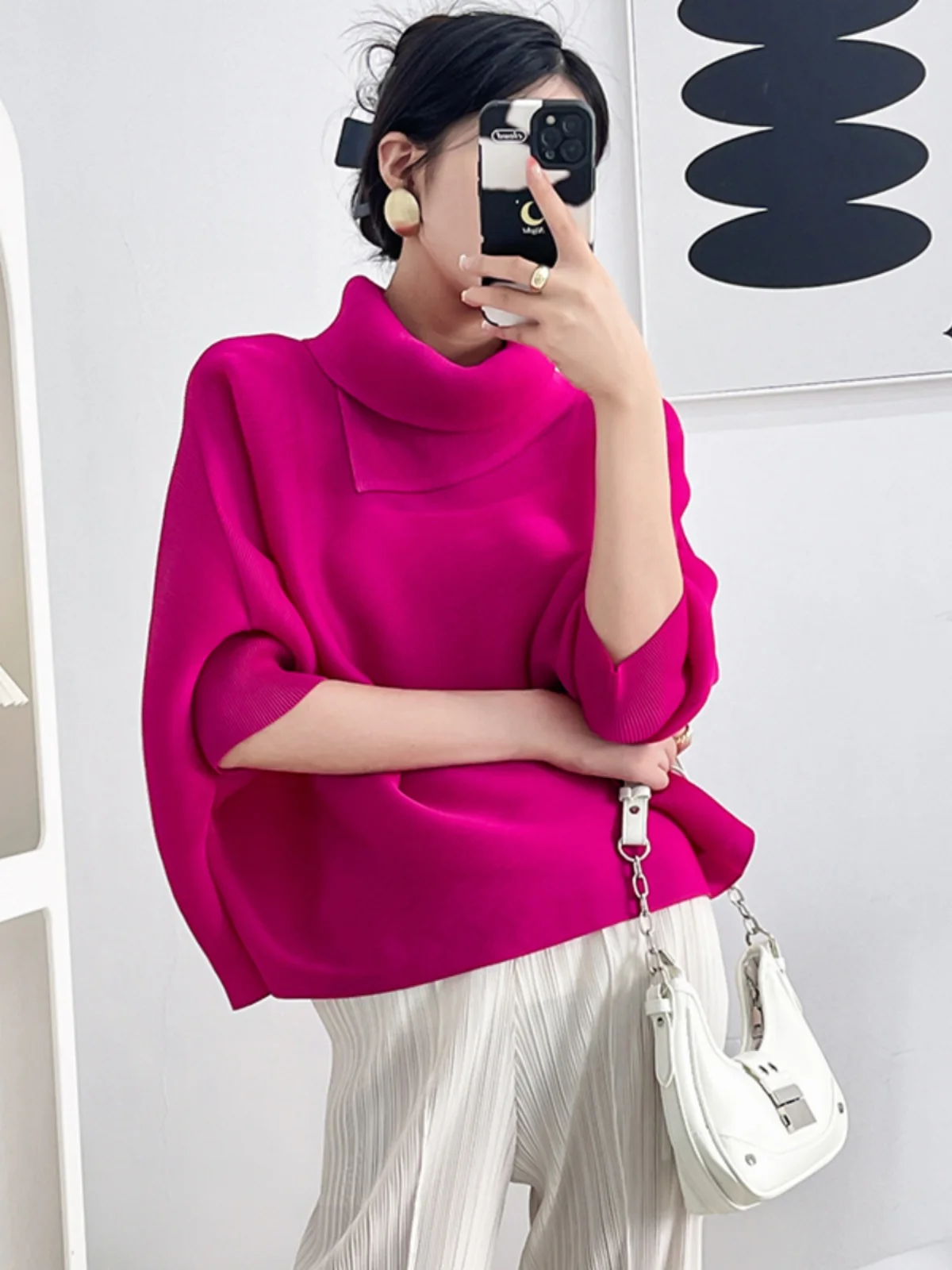 

Loose Batwing Sve T-irt Pleated Collar Base irt Pure Color Design Spring Autumn Women's Faion Polyester Fiber Top