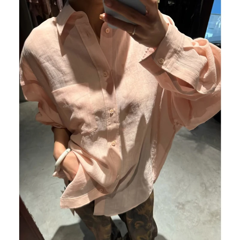 

Ele Gentle High-End Feeling Loose Lazy Linen Turn-down Collar Long Sve irt Women's Busin Casual Sle