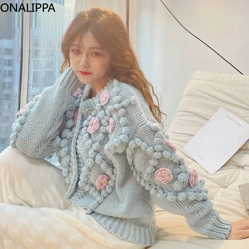 Onalippa Heavy Industry Contrast Knitted Cardigan Three Dimensional Flowers Sweet Loose Cardigans Korean Chic Design Sweater