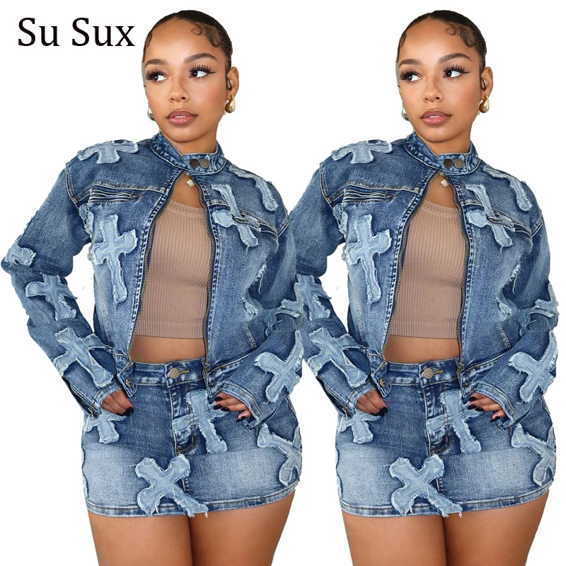 

Embroidery Denim 2 Piece Skirt Sets Women Outfits Jeans Stand Collar Long Sleeve Jacket Coat and Mini Skirt New In Matching Sets