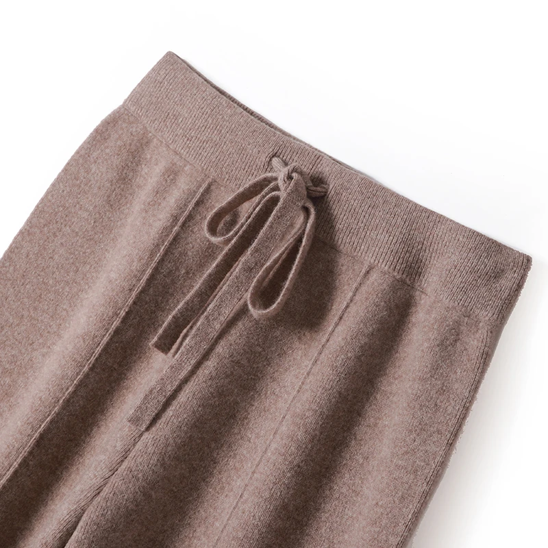 

Autumn Winter 100% Merino Wool Knitwear Korea Popular Pants Women's Cashmere Wide Leg Trousers Basic Soft Casual Sashes Pants