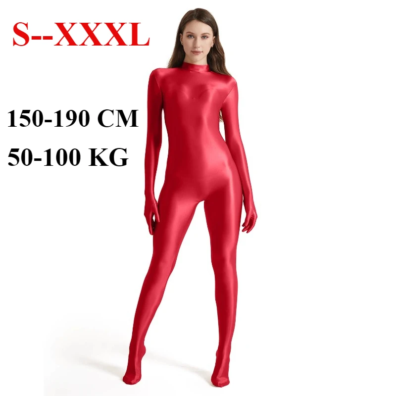 Red Women Long Sleeve Gloves Glossy Elasticity Jumpsuit black Fitness Bodycon PlusSize Playsuit Slim Bodysuit Cosplay Costumes