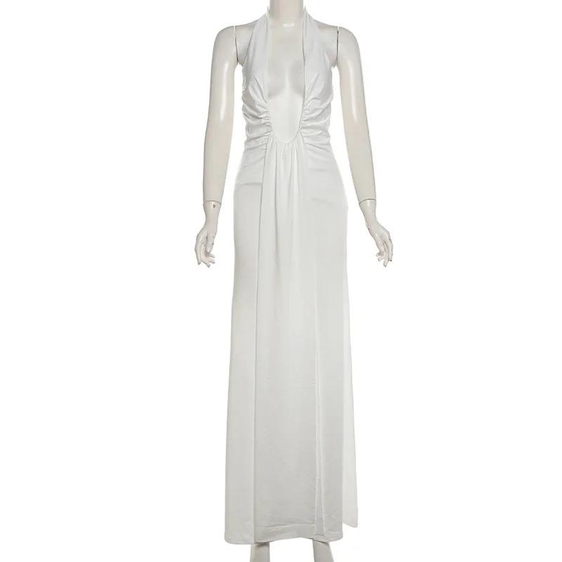 Femmes solide ruban licou dos nu Maxi Robe de soirée Sexy col en v profond sans manches moulante Club longue Robe tenues de vacances