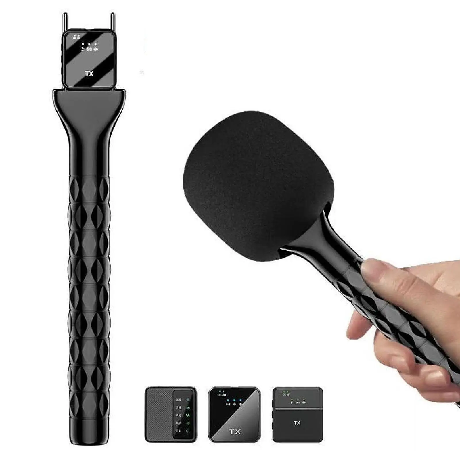 Handheld Lavalier Interview Microphone Adaptor Universal with Windproof Sponge Microphone Handheld Grip Stick Black Mic Stand