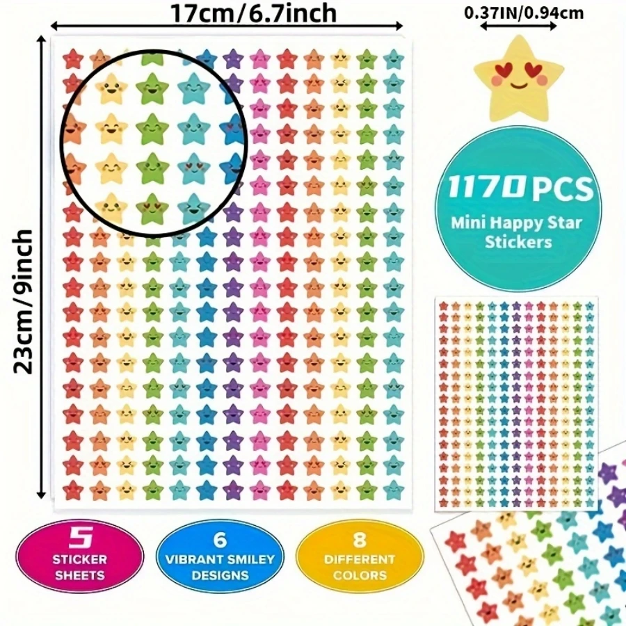 幸せなスマイリースターステッカー、1170パーツのセット、報酬チャート、DIY、クラフト、スクラップブック、学校、事務用品