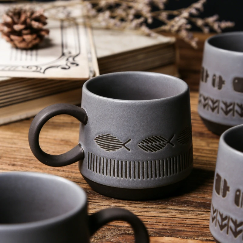 

Новая винтажная керамическая кружка для кофе, большая емкость, глазурь с эффектом изменения при обжиге, рельефный дизайн, японские чашки для завтрака, ретро-керамическая кружка ручной работы