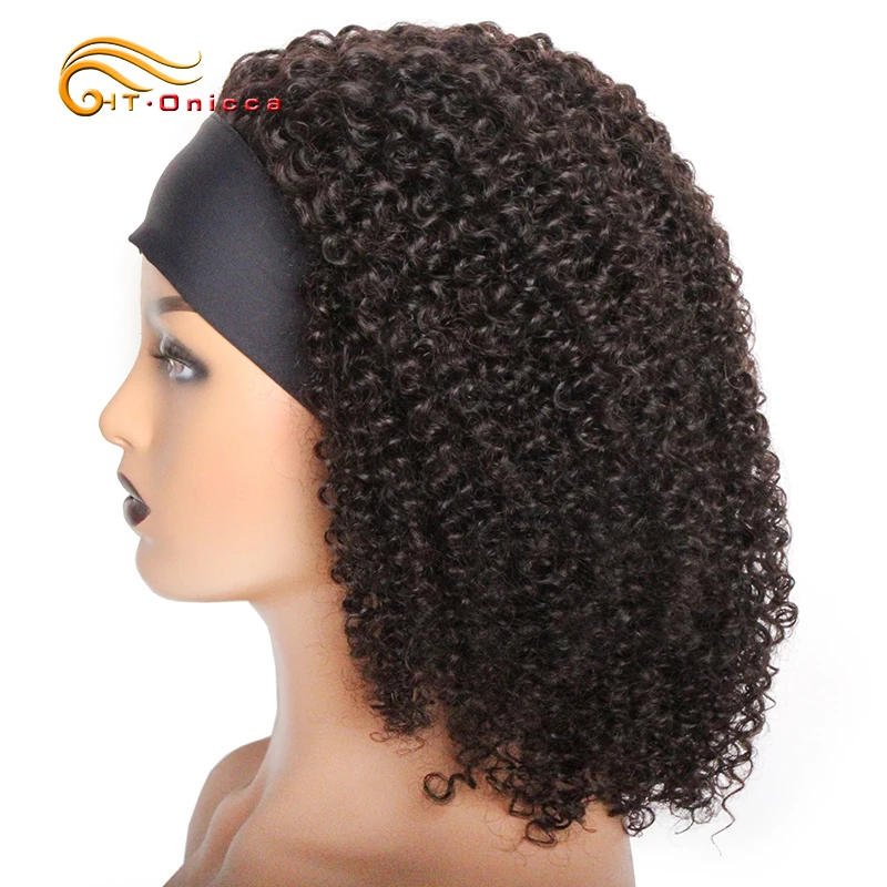 Peluca con diadema para mujeres negras, cabello humano rizado, 10-18 pulgadas, sin pegamento, Remy brasileño, hecho a máquina