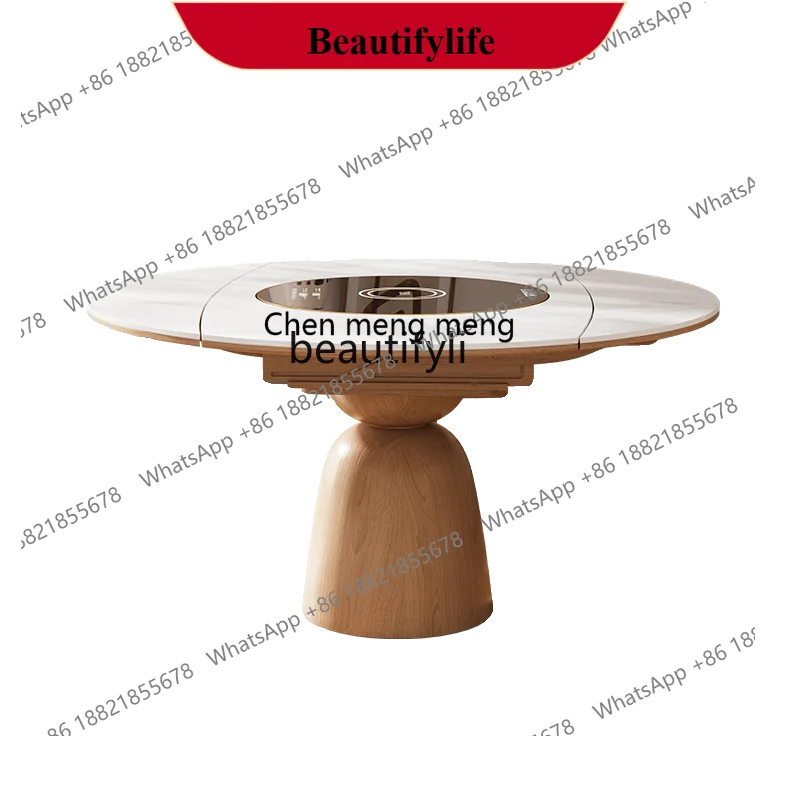 

z183 Складной стол Обеденный стол из массива дерева Встроенный поворотный стол Индукционная плита Выдвижная каменная плита двойного назначения