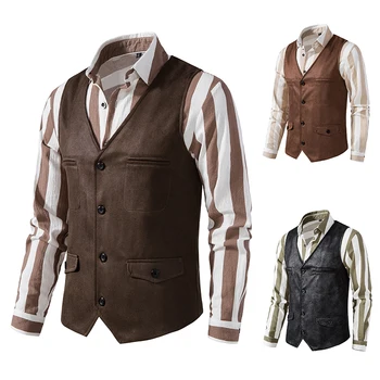 Manteau en daim avec col en v pour homme, Gilet à boutonnage simple, Gilet en Denim, costume complet pour mariage, Steampunk, 2023