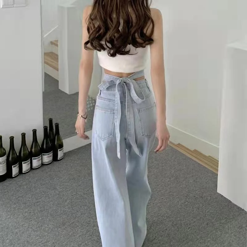 Figure-Flattering Women's High-Rise Fluid Drape Wide-Leg Denim Trousers New Style Adjustable Tie Floor-Length Easy to Match Long