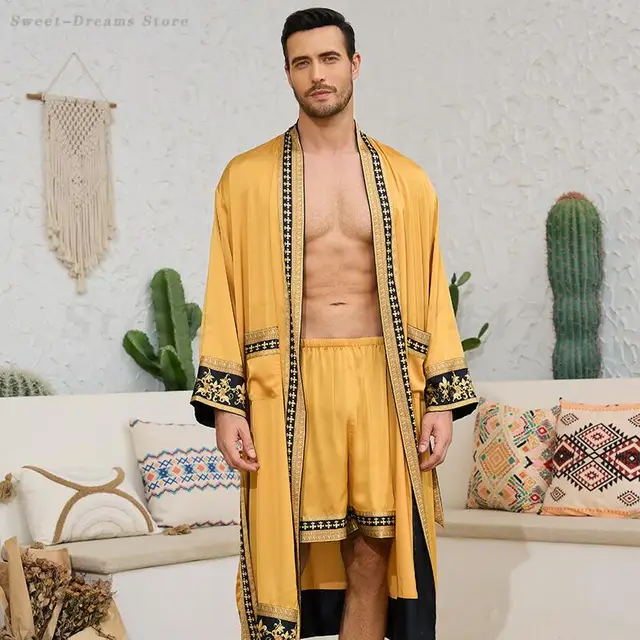 Ensemble pyjama long pour homme, peignoir style baroque, short kimono, vêtements de nuit printemps-été, vêtements d'intérieur en satin