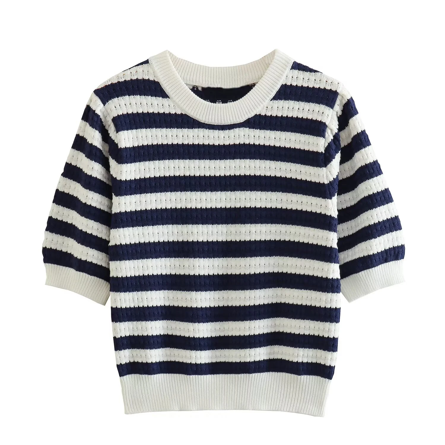 

Bubble sleeve knitted sweater for winter fashionable and versatile women's clothing round neck slim fit short striped sweater