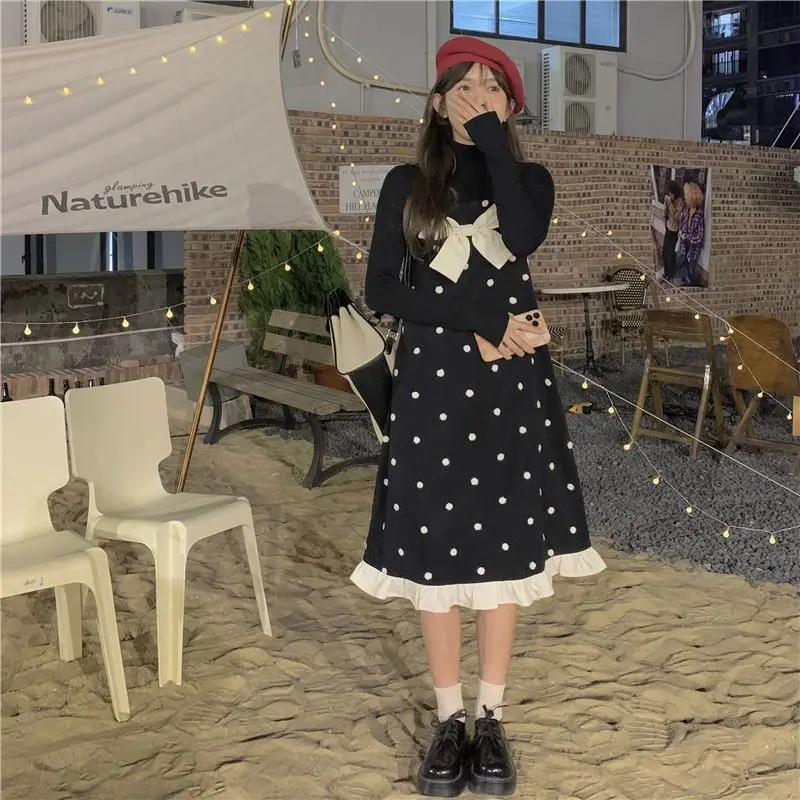 Sweet Girls Polka Dot Bow Sleeveless Dress Suites for Women Korean Fashion Slim Black Undershirts with Kawaii A-line Dresses