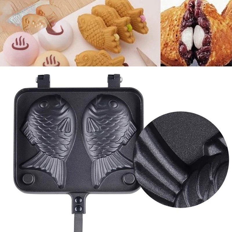 1 PCS Kitchen Japanese Taiyaki Fish Shaped Hot Dessert Waffle Cake Maker Pan Pancake Double Pan Black