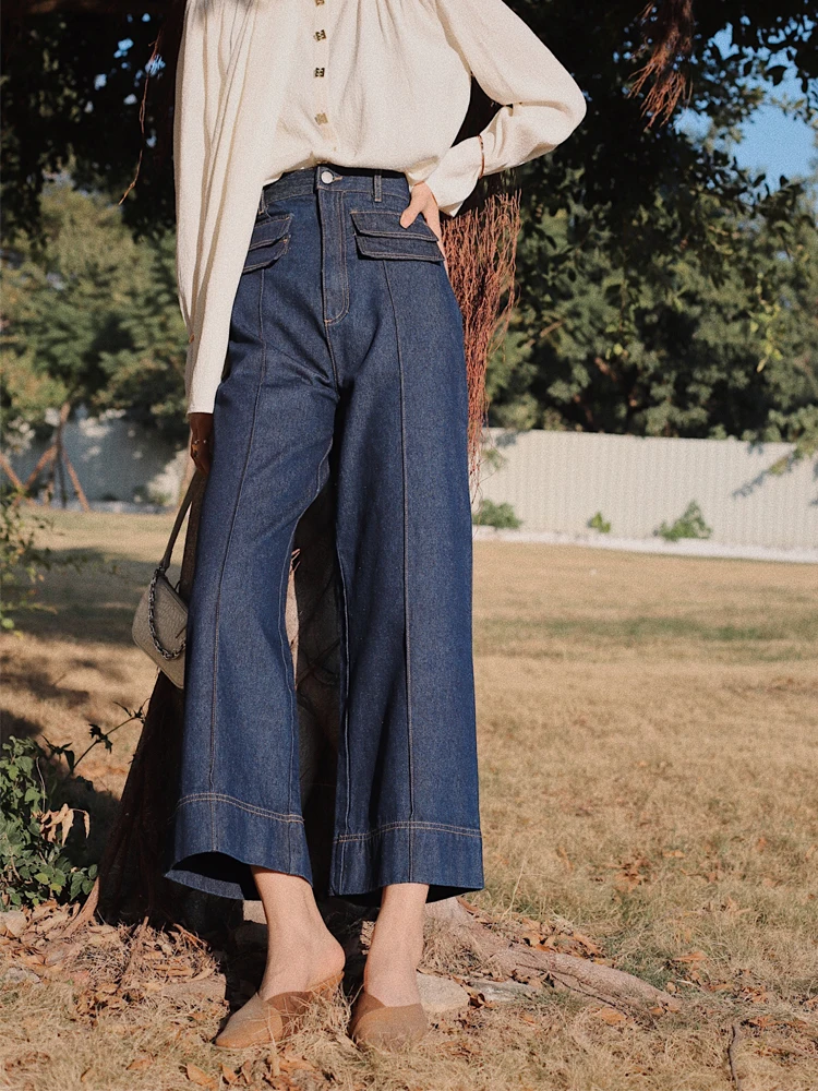 

Bela Studio Australian Retro High Waist Slimming Wide Leg Double ket Denim Jeans Women's Long Pants High Waist Wide Leg Jeans