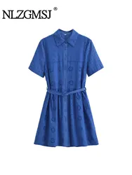 TRAF 2024 Summer Women Hollow Out Embroidery Short Shirt Dress Vintage With Belt Lapel Collar Female Casual Vestidos