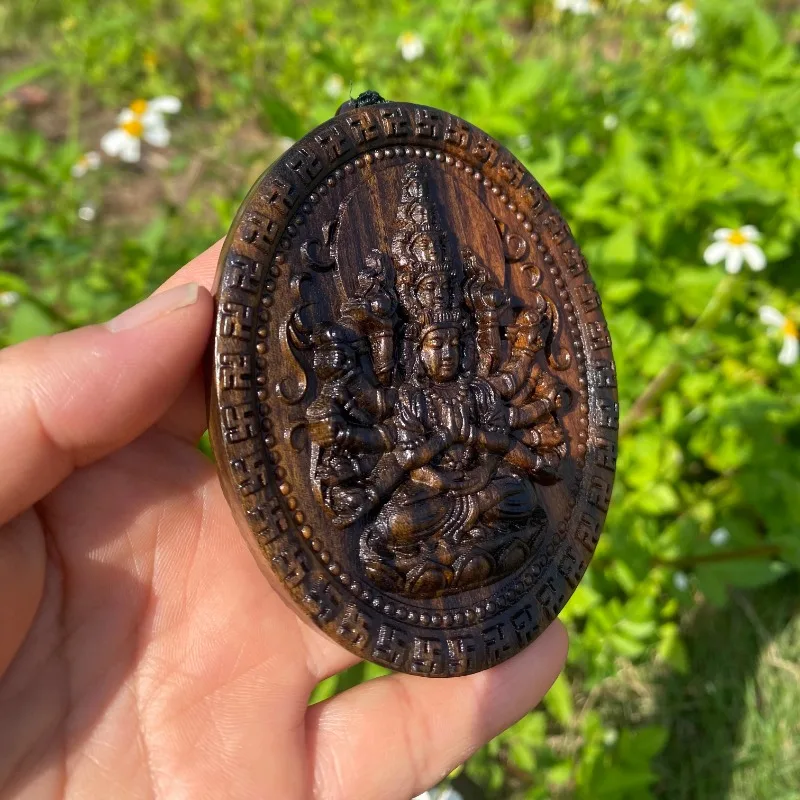 Hand Carved wood Thousand-Hand Guanyin Pendant Charm - Round Spiritual Protection Zodiac Guardian Car Bag Ornament Gift