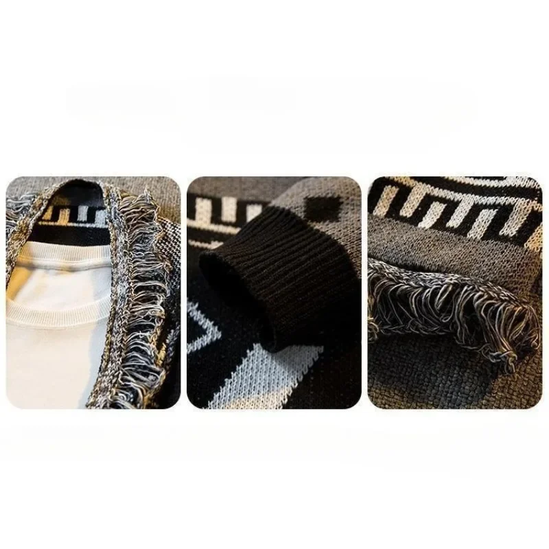 نمط محبوك سترة سترة الرجال موضة الاتجاه فضفاض Laid-الظهر الخامس الرقبة سترة مشغولة من الصوف سترة الرجال ربيع الخريف الرجعية العرقية #6