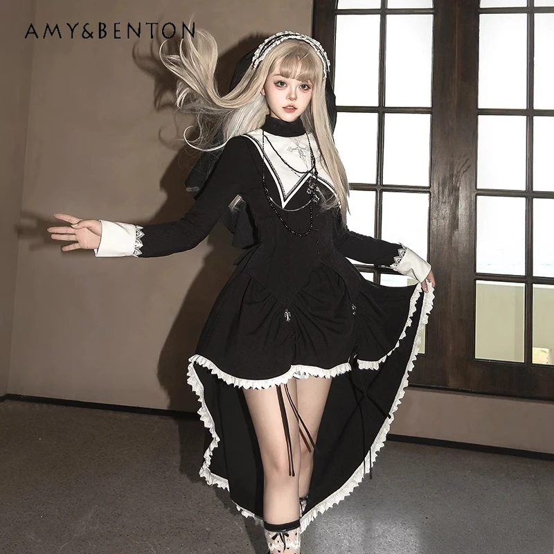 고스 코스프레 무대 의상 수녀 정장 오리지널 로리타 드레스 하위 문화 패치 워크 긴팔 탑 스트레이트 바지 투피스 세트