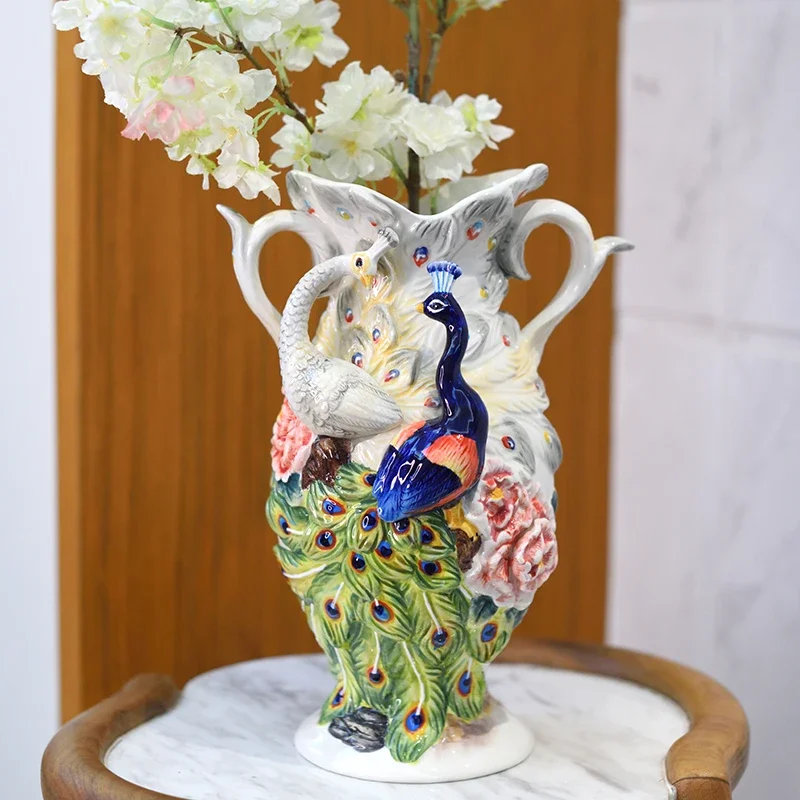 Peony peacock ceramic vase Living room decoration TV cabinet entrance wine cabinet vase sculpture decoration Home decoration