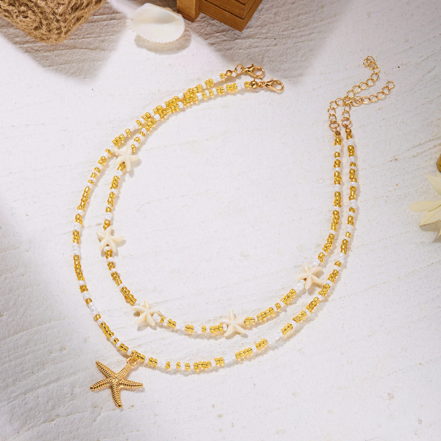 Cross border starfish shell necklace for women, versatile rice bead beach and ocean hot selling accessories gifts
