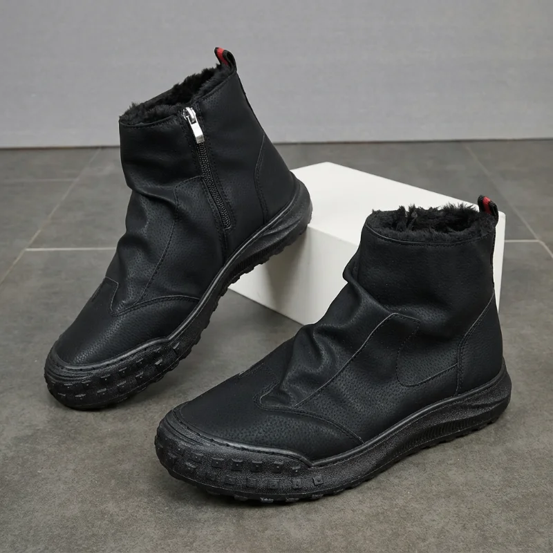 Winter New Zipper Pleated Non Slip Comfort Thick Soled Wear-resistant Fashion Flat Boots Men's Boots High Cut Workwear Shoes