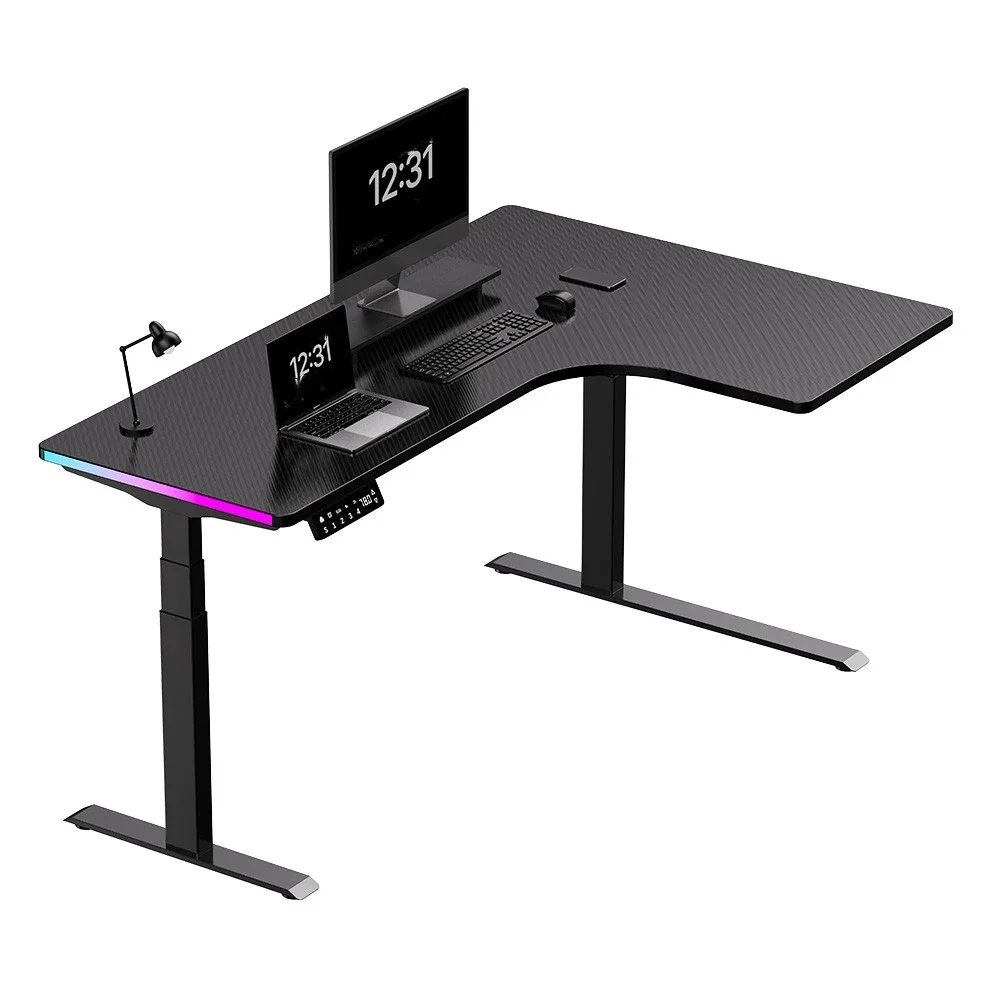 Height Adjustable L Shaped RGB Gaming Desk Motorized Lifting Ergonomic Gaming Table Black White Large Standing Computer Desk