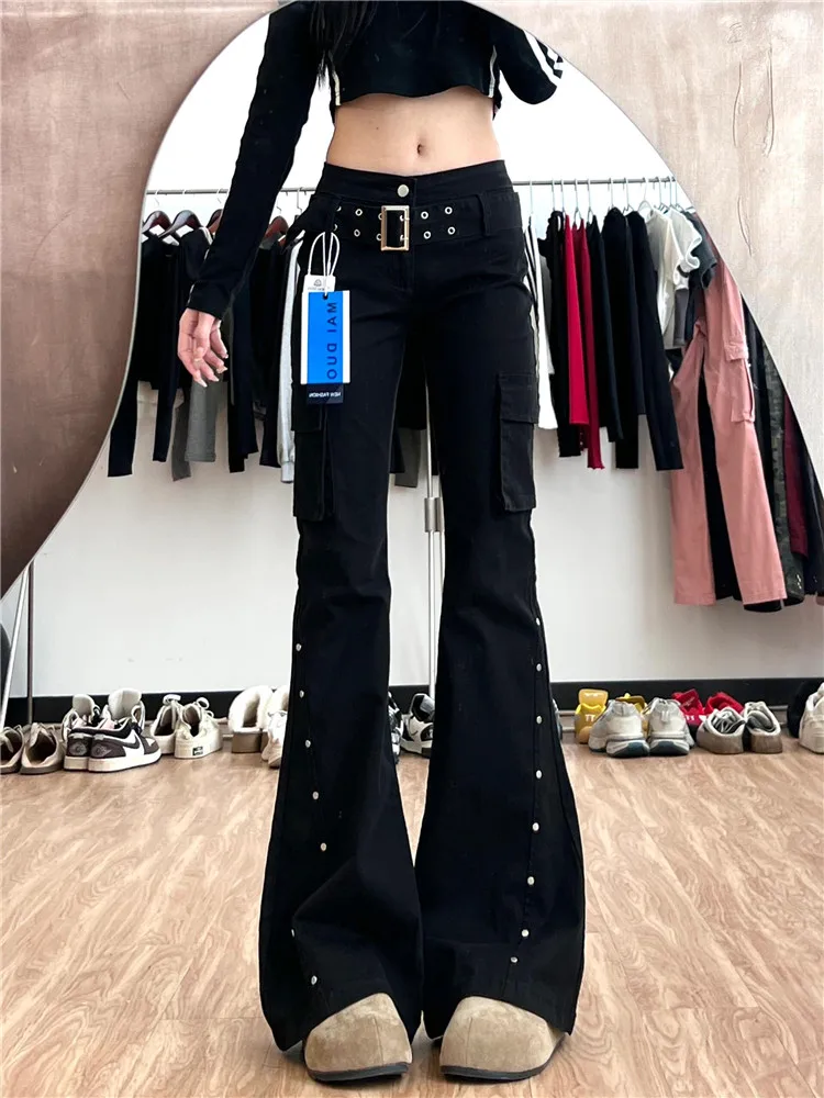 

American Retro Lemon Black Low Waist Workwear Jeans Women Summer Slim High Waist Extended Micro Flared Pants Bootcut Jeans