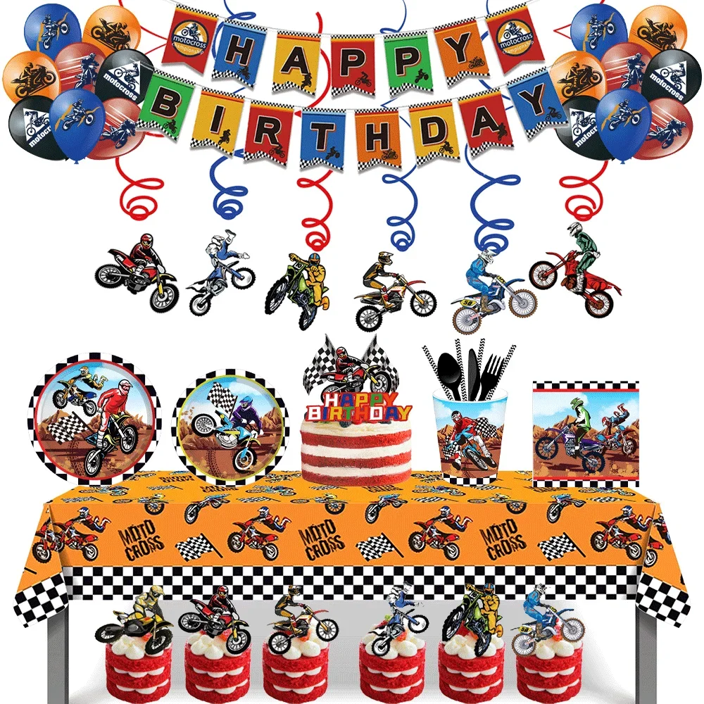 Dirt Bike Party Supplies Happy Birthday Banner Hanging Swirls Motocross Number Balloons Motorcycle Rally Boy Birthday Decoration