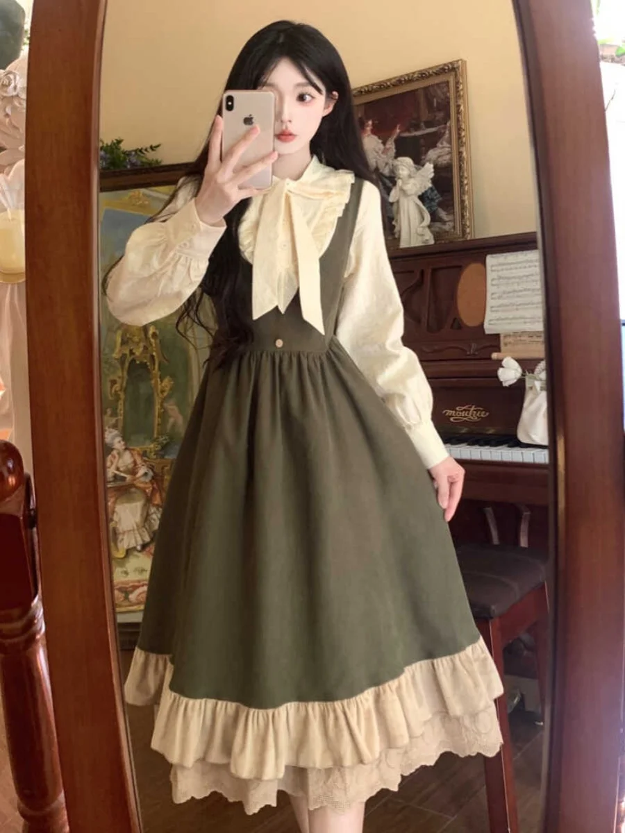 L-4XL plus size nova primavera lolita grande balanço vestido feminino temperamento princesa cinta vestidos branco camisa de manga longa conjunto de duas peças