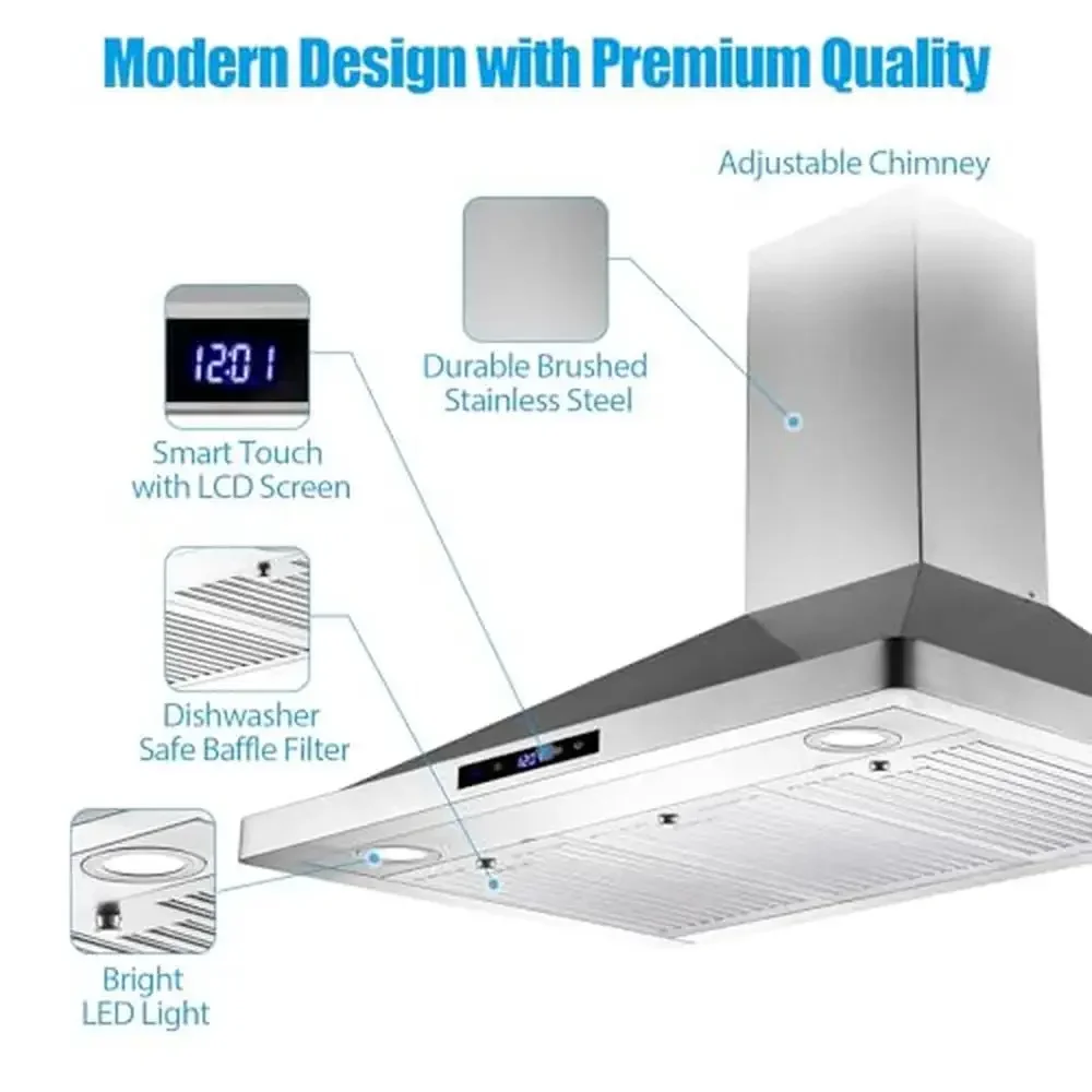 36-inch Stainless Steel Wall Mount Range Hood 700CFM Ducted/Ductless Touch Control Permanent Filters Light Timer Dishwasher Safe