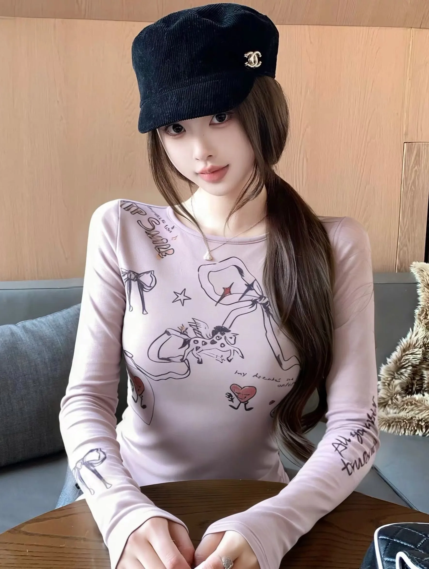 Coquette Y2K Women Round Neck Graffiti Print Tee Heart Angel Pattern Long Sleeve Slim Purple Vintage Fitted Casual Top ****