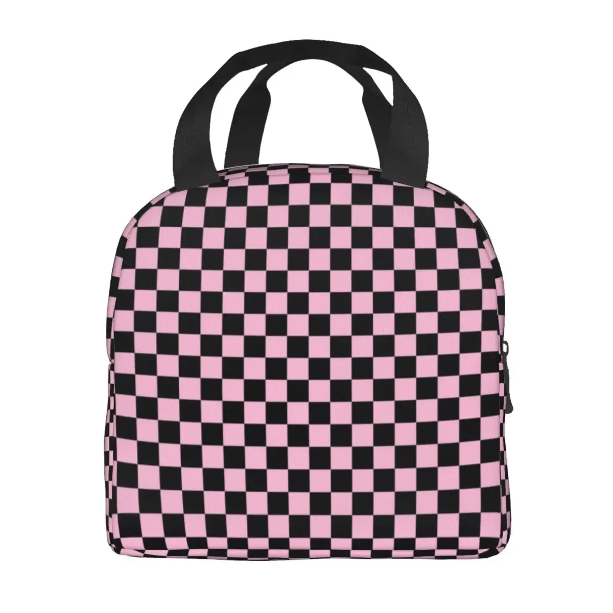 Black And Cotton Candy Pink Checkerboard Plaid Lunch Bag Women Cooler Warm Insulated Lunch Box for Office