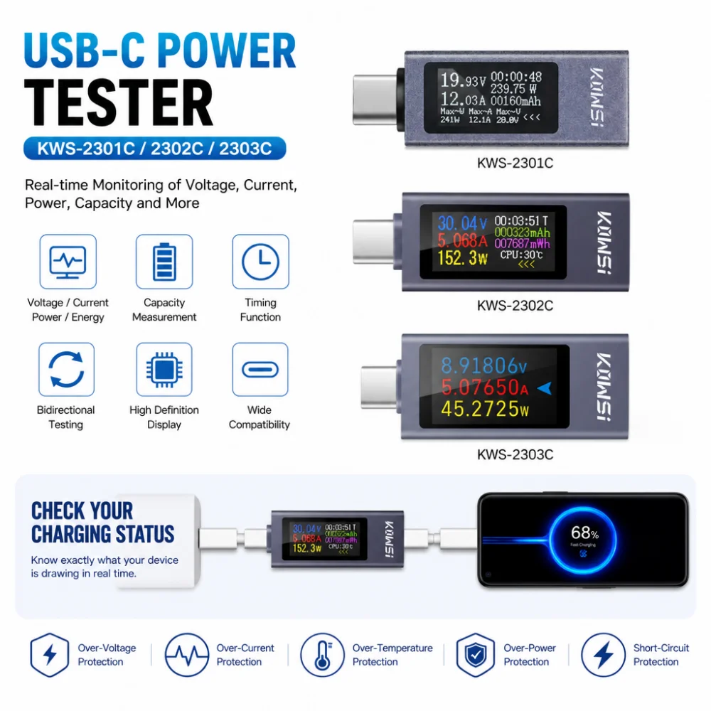 DC 4-30V 0-12A Digital Voltmeter, Ammeter and Power Meter Type-C Mobile Phone Charging Tester KWS-2301C/2302C/2303C