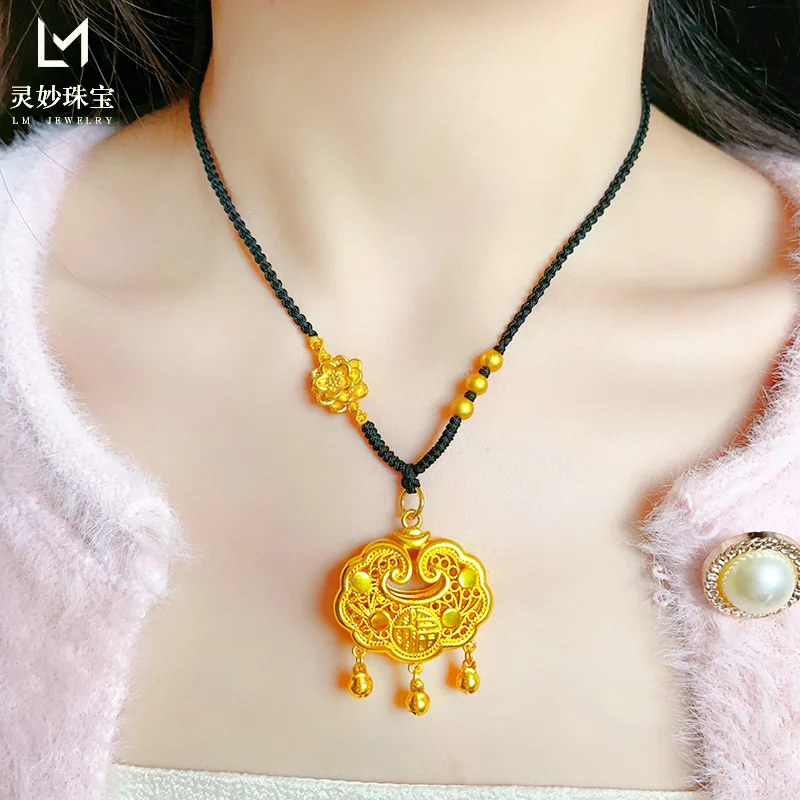 

Роскошные ювелирные изделия из настоящего золота 9999 24 карата, кулон с замком мира, ожерелье, женское ожерелье с веревкой в виде лотоса, детский золотой замок