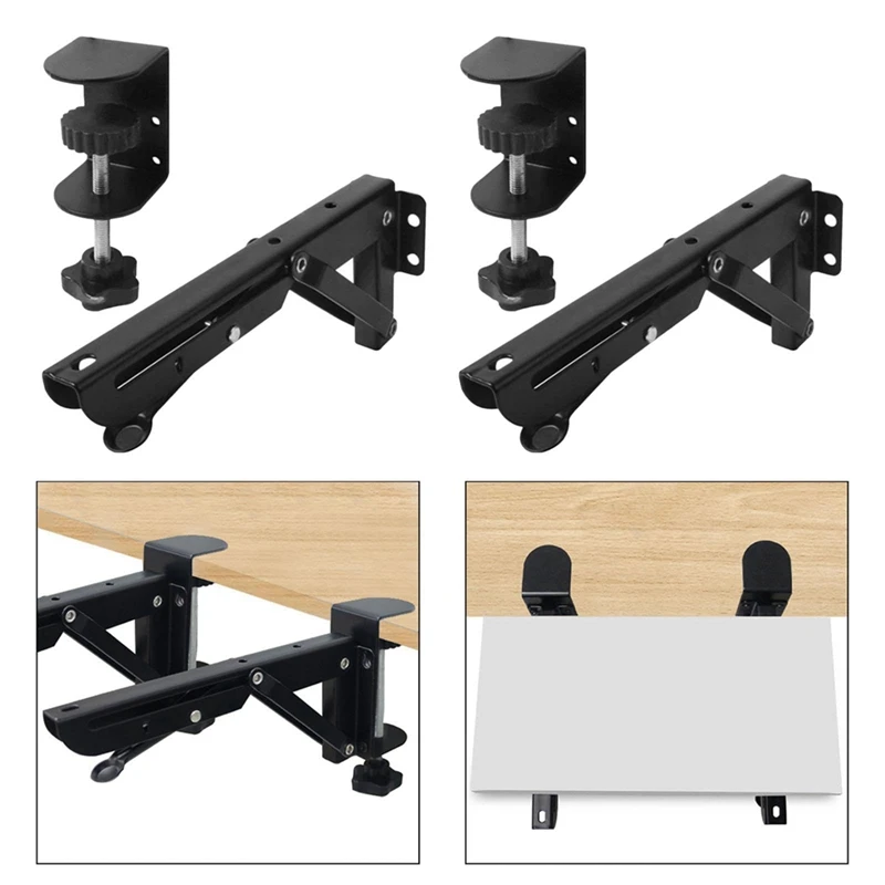 2Pcs Under Desk Keyboard Tray Foldable Brackets With Clamp Easy To Install Adjustable Desktop Extension Shelf