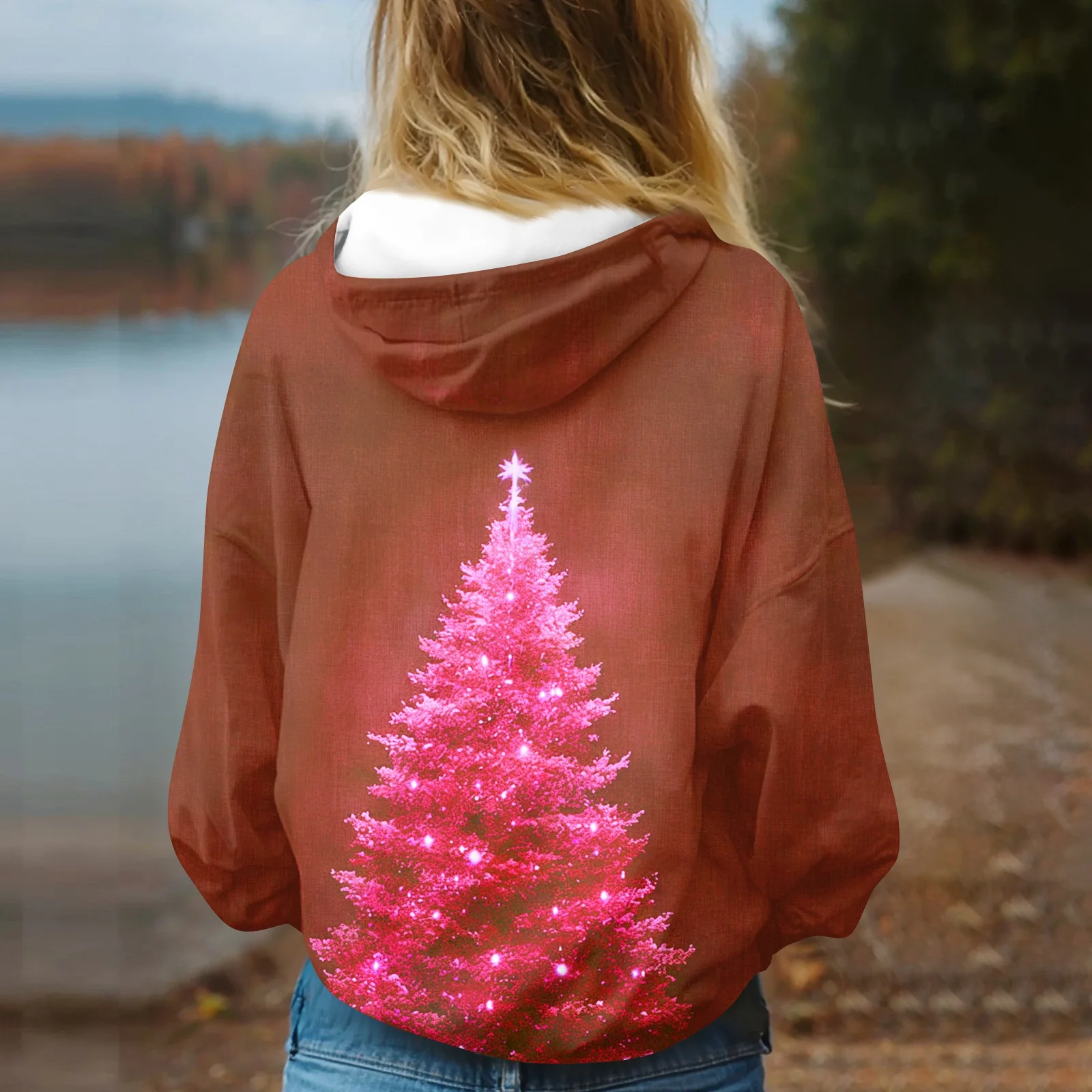 Damska bluza z kapturem z nadrukiem na co dzień z kieszeniami, odzież damska, bluzy damskie, odzież zimowa damska, 2025