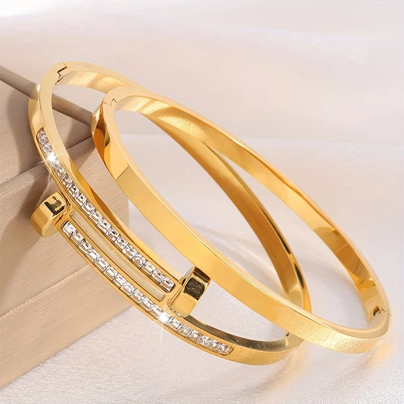 

Luxurious Stainless Steel Gold color Pigment Ring Bangle for Women Elegant Temperament Evening Party Fashion Jewelry