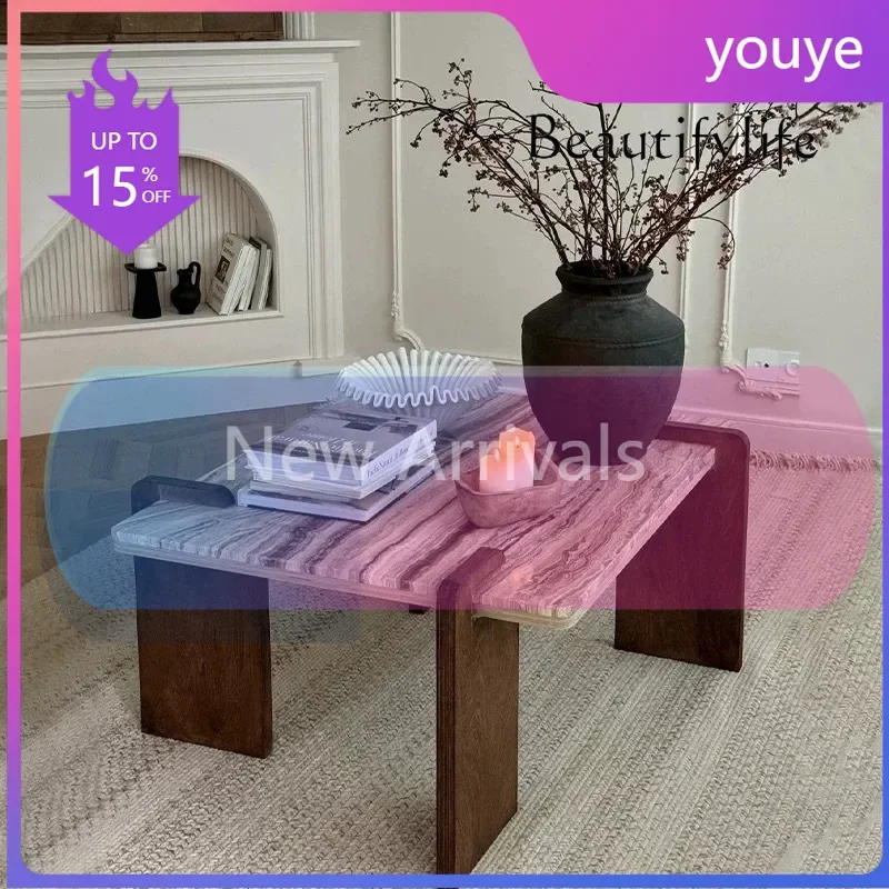 p JN BJ X French Vintage Travertine Coffee Table-Wabi-Sabi Natural Stone Tea Table W/ Cream Palette For Mid-Century Living Room&