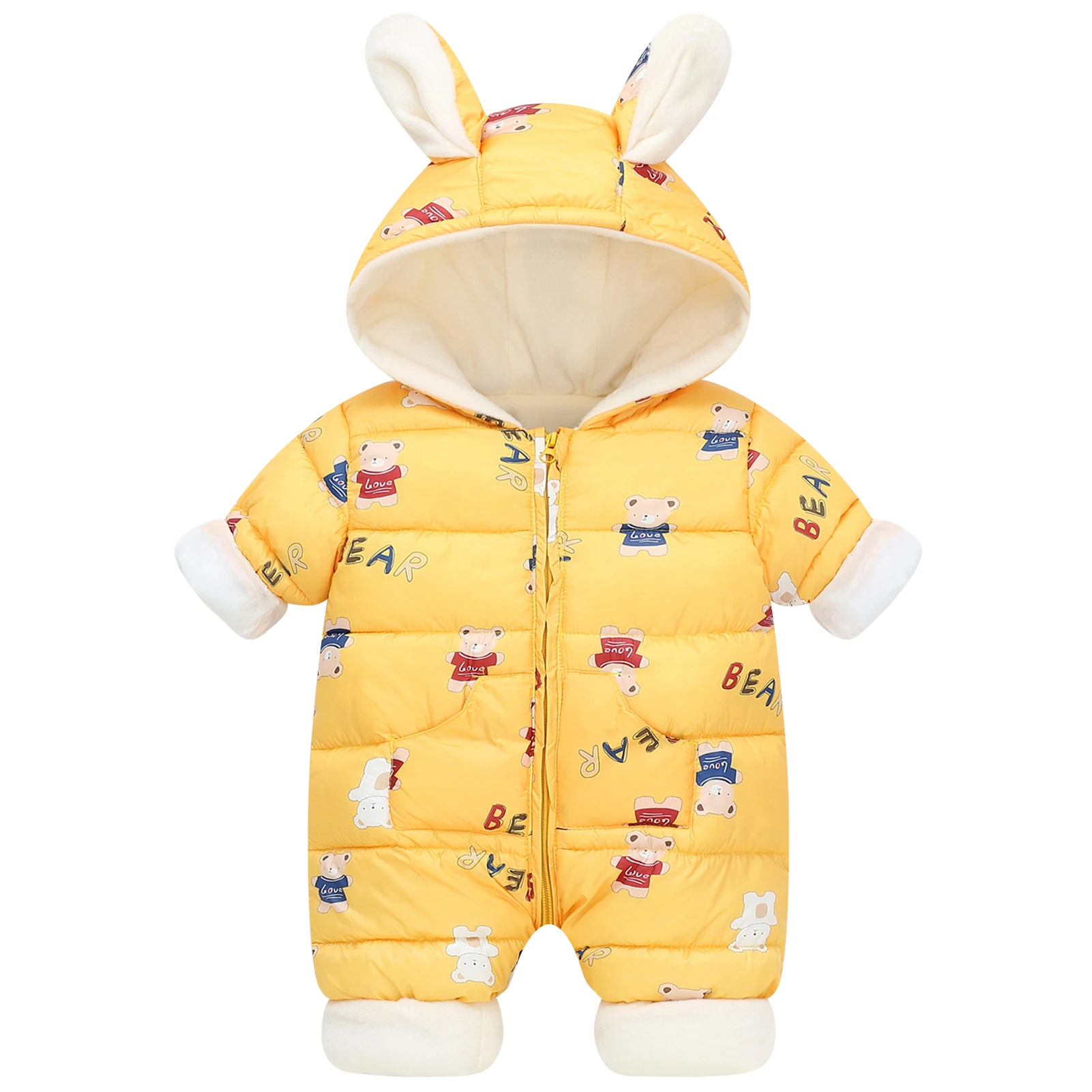 Cartoon Print Boys Plush Rompers Hood Warm Windproof Girls Jumpsuits Down Cotton Toddler Winter Overalls Children's Snowsuits