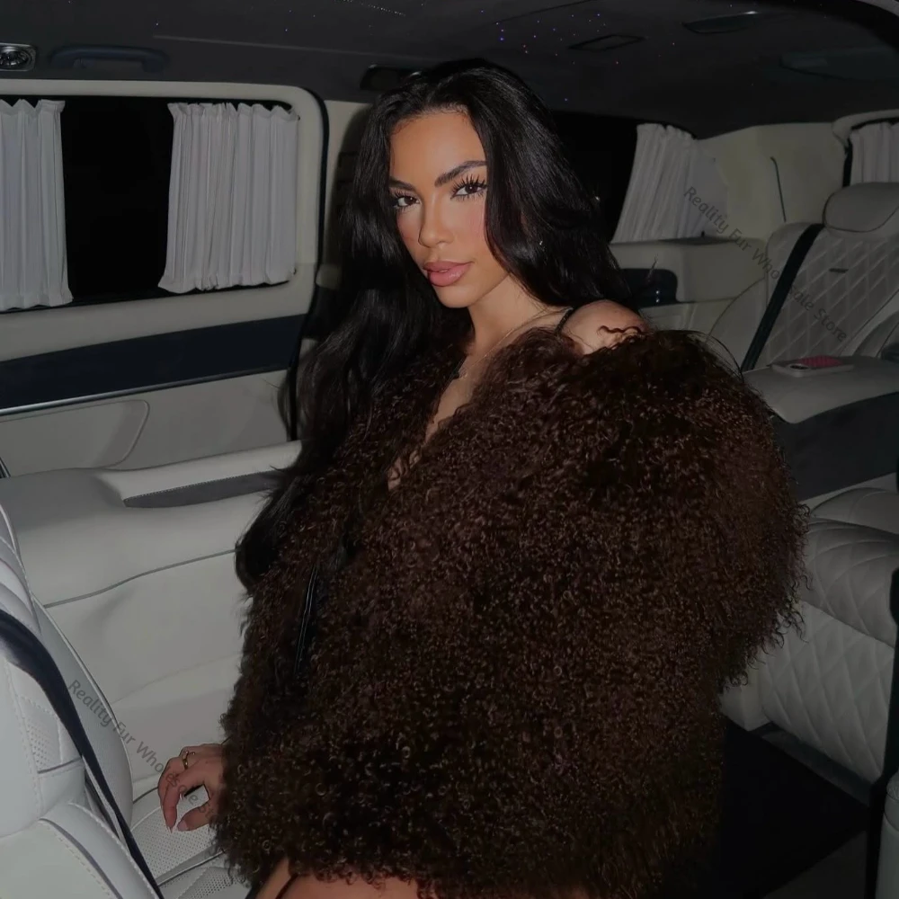 Reality Fur Coat Fluffy Outerwear Real Mongolia Sheep Fur Jacket Spring Winter Tibet Sheep Fur Jacket Women Long Sleeve O-neck